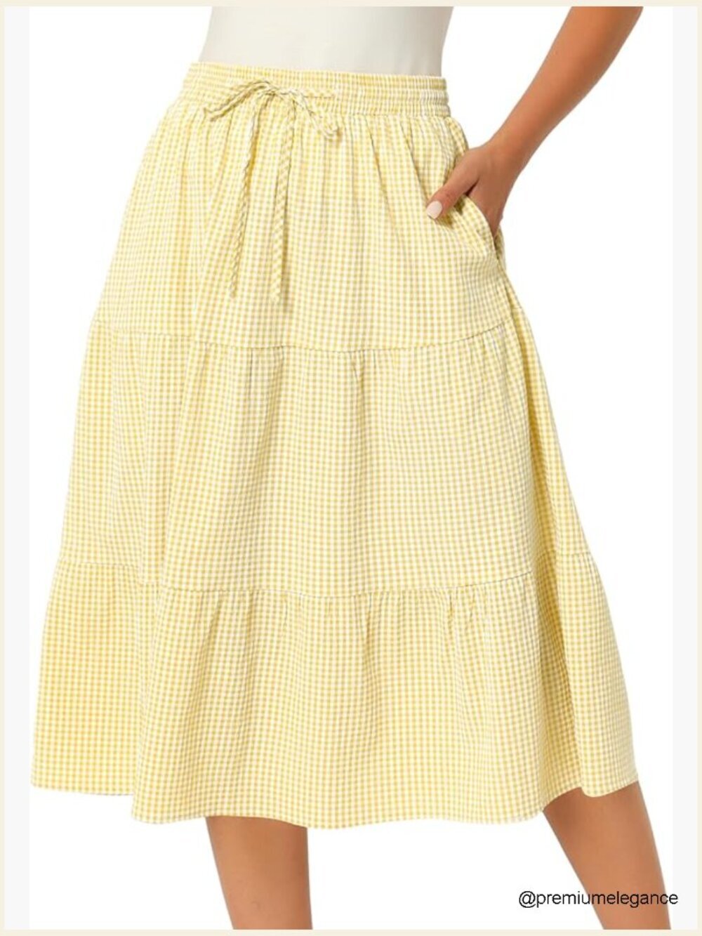 Woven Gingham Midi Skirt with Pockets Drawstring Waist Tiered A-Line Casual